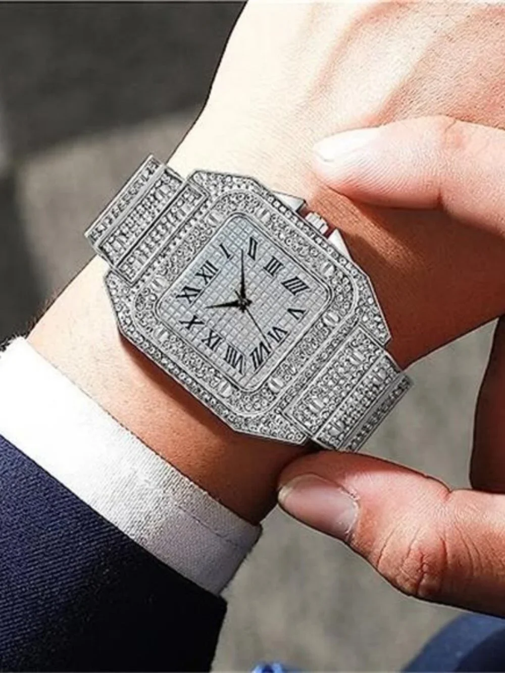 Diamond Iced Out Watch CZ Gold Plated 40mm Width Roman Numerals Dial